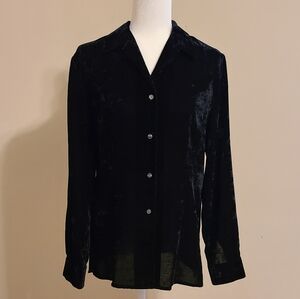 Ann Taylor Loft Textured Black Velour Long Sleeve Button-Down Blouse Size 10